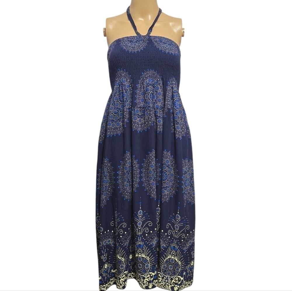 Tropiko Navy Blue Halter Summer Flowy Dress with Paisley Print Womens Size Small